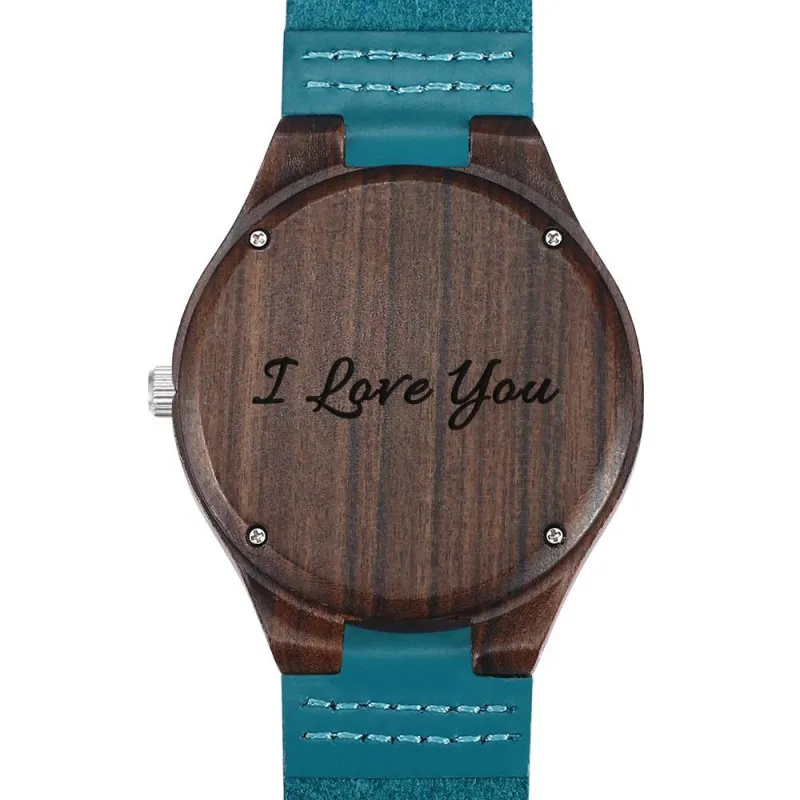 Herrenuhr Aus Holz Mit Fotogravur, Blaues Lederarmband – Sandelholz -