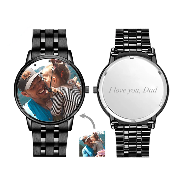 Herrenuhr Mit Foto, Graviert, Schwarzes Legierungsarmband, 38 Mm, Jubiläumsgeschenke -