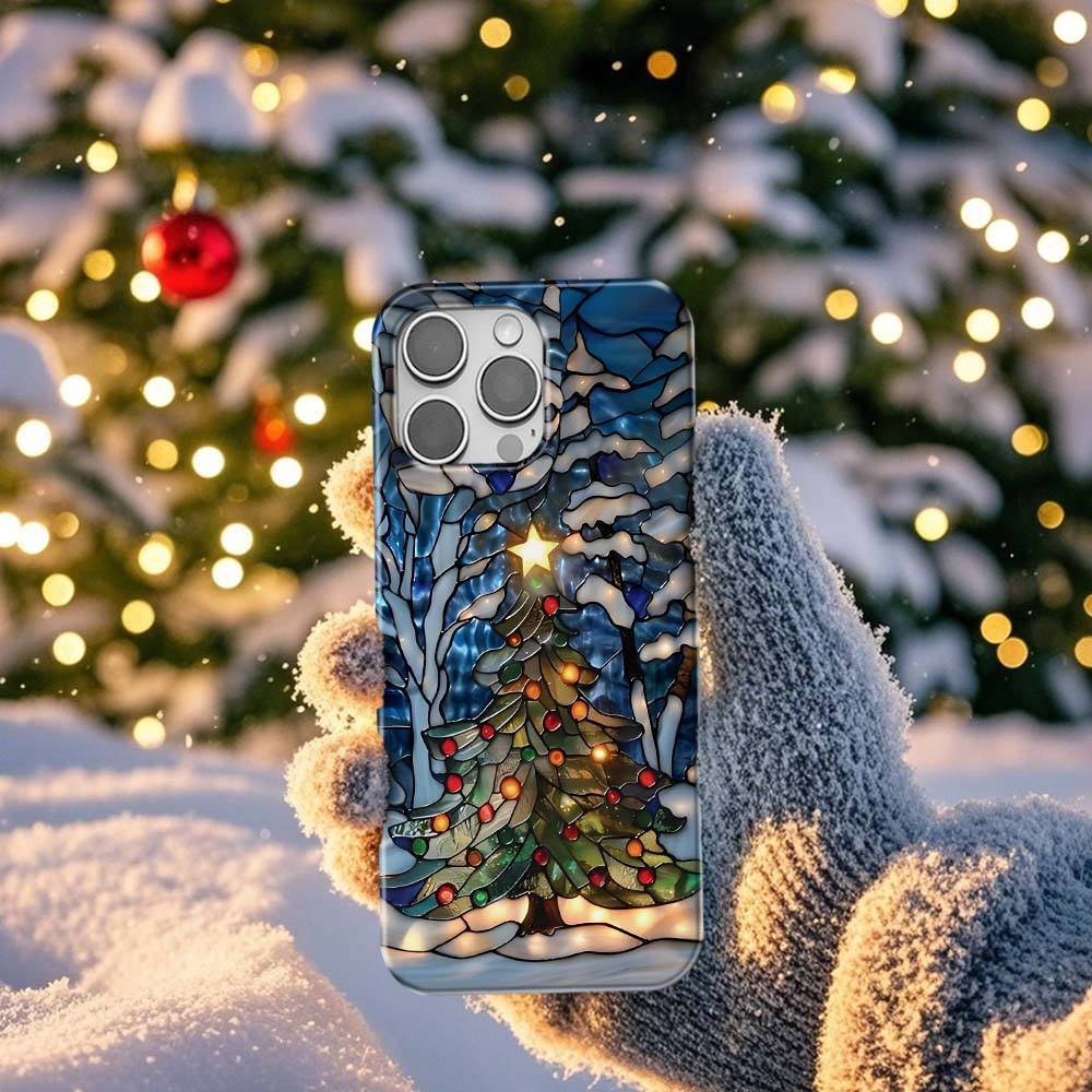 Weihnachtsbaum Handyhülle Faux Buntglas Winter Wald Cover Weihnachtsgeschenk Für Galaxy S 24 23 22 21 Pixel 5 6 7 8 Iphone 15 14 13 12 11 -
