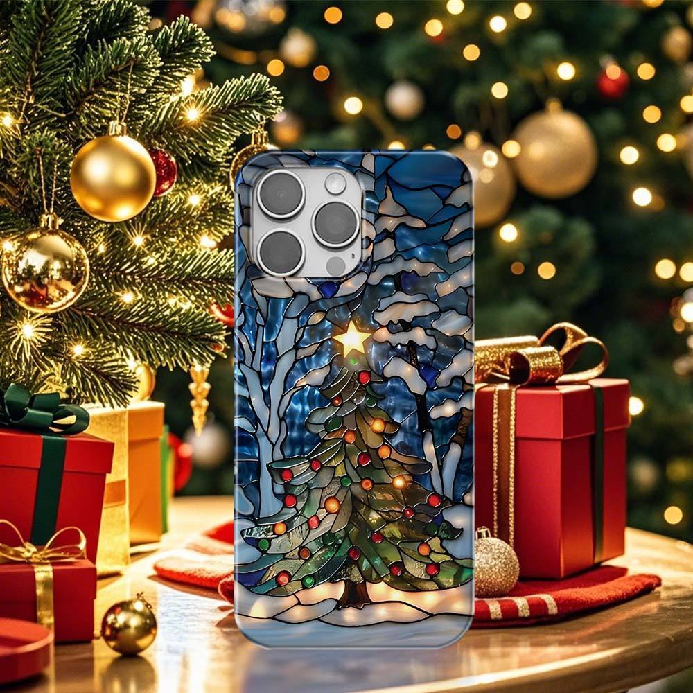 Weihnachtsbaum Handyhülle Faux Buntglas Winter Wald Cover Weihnachtsgeschenk Für Galaxy S 24 23 22 21 Pixel 5 6 7 8 Iphone 15 14 13 12 11 -