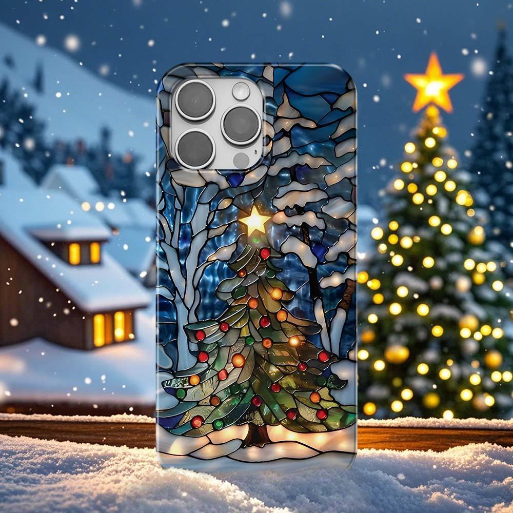 Weihnachtsbaum Handyhülle Faux Buntglas Winter Wald Cover Weihnachtsgeschenk Für Galaxy S 24 23 22 21 Pixel 5 6 7 8 Iphone 15 14 13 12 11 -