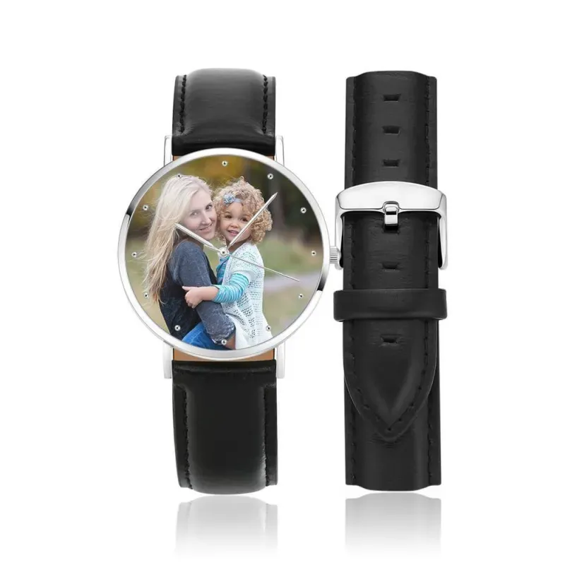 Unisex-uhr Mit Graviertem Foto, Schwarzes Lederarmband, 40 Mm, Gedenkgeschenke Für Frauen -