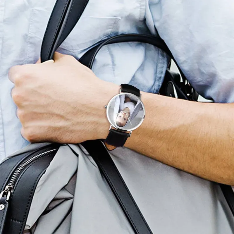 Unisex-uhr Mit Graviertem Foto, Schwarzes Lederarmband, 40 Mm, Gedenkgeschenke Für Frauen -