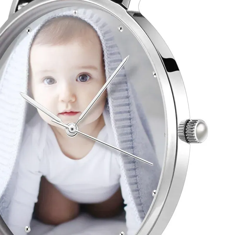 Unisex-uhr Mit Graviertem Foto, Schwarzes Lederarmband, 40 Mm, Gedenkgeschenke Für Frauen -