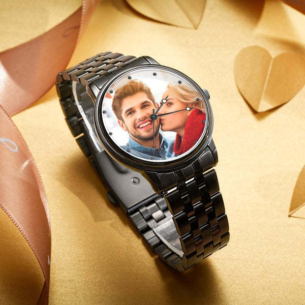 Herrenuhr Mit Foto, Graviert, Schwarzes Legierungsarmband, 38 Mm, Jubiläumsgeschenke -