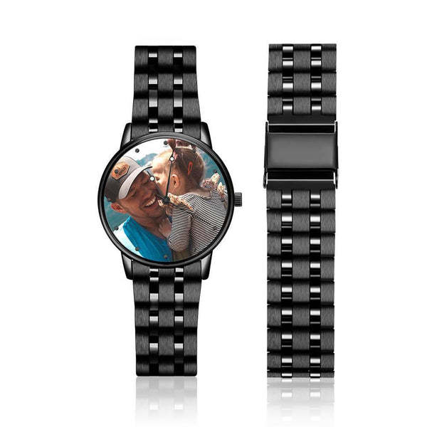 Herrenuhr Mit Foto, Graviert, Schwarzes Legierungsarmband, 38 Mm, Jubiläumsgeschenke -