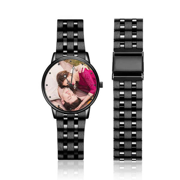 Herrenuhr Mit Foto, Graviert, Schwarzes Legierungsarmband, 38 Mm, Jubiläumsgeschenke -