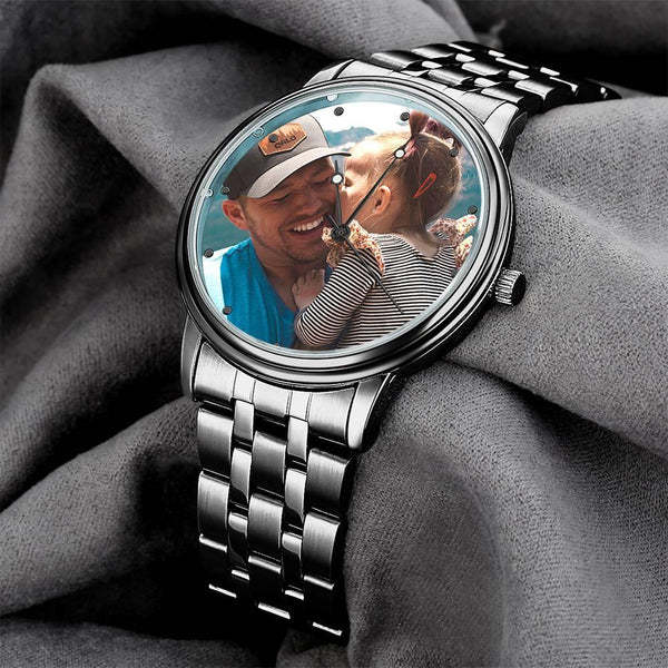 Herrenuhr Mit Foto, Graviert, Schwarzes Legierungsarmband, 38 Mm, Jubiläumsgeschenke -