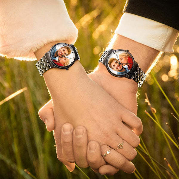 Herrenuhr Mit Foto, Graviert, Schwarzes Legierungsarmband, 38 Mm, Jubiläumsgeschenke -