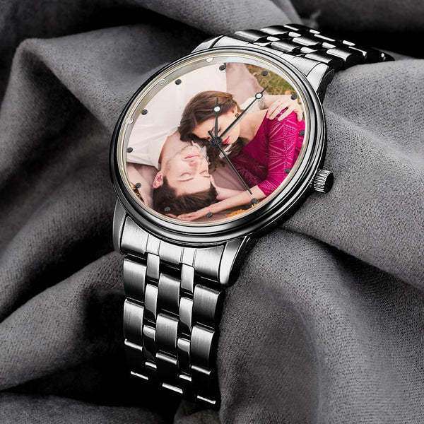 Herrenuhr Mit Foto, Graviert, Schwarzes Legierungsarmband, 38 Mm, Jubiläumsgeschenke -