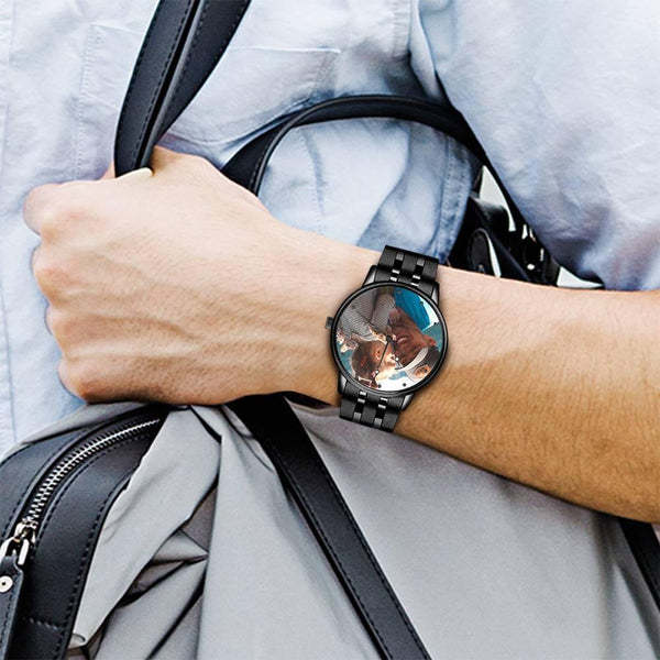 Herrenuhr Mit Foto, Graviert, Schwarzes Legierungsarmband, 38 Mm, Jubiläumsgeschenke -