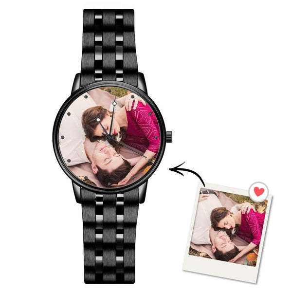 Herrenuhr Mit Foto, Graviert, Schwarzes Legierungsarmband, 38 Mm, Jubiläumsgeschenke -