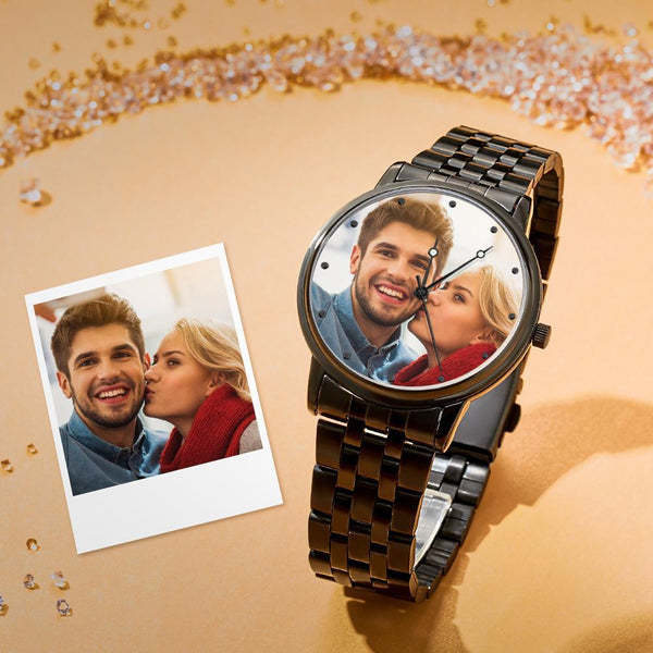 Herrenuhr Mit Foto, Graviert, Schwarzes Legierungsarmband, 38 Mm, Jubiläumsgeschenke -