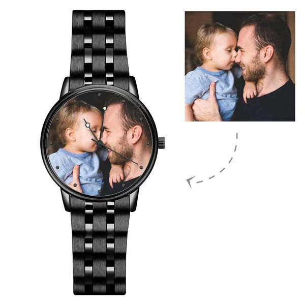 Herrenuhr Mit Foto, Graviert, Schwarzes Legierungsarmband, 38 Mm, Jubiläumsgeschenke -