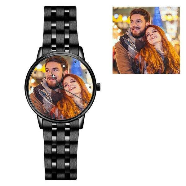 Herrenuhr Mit Foto, Graviert, Schwarzes Legierungsarmband, 38 Mm, Jubiläumsgeschenke -