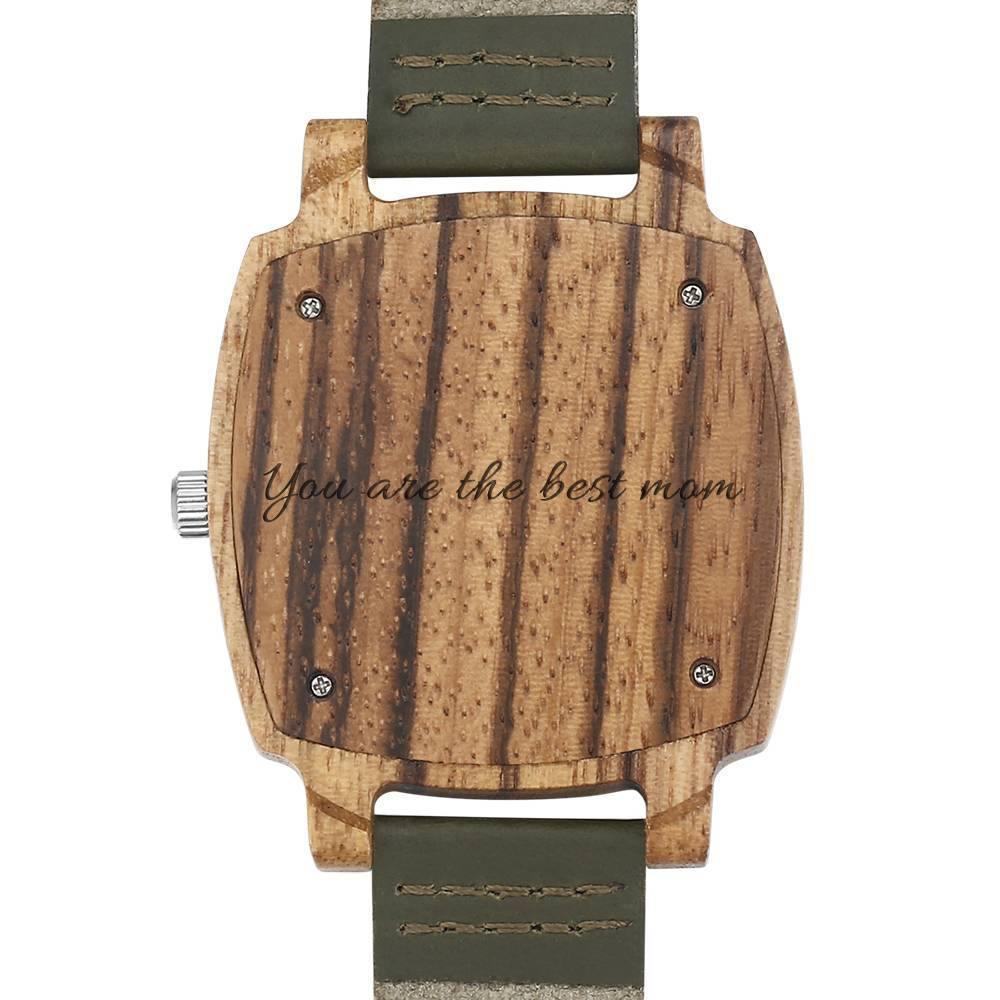Herrenuhr Mit Fotogravur Aus Bambus, Dunkelgrünes Lederarmband, 45 Mm -