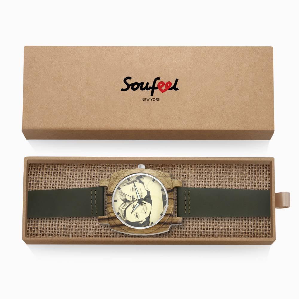 Herrenuhr Mit Fotogravur Aus Bambus, Dunkelgrünes Lederarmband, 45 Mm -