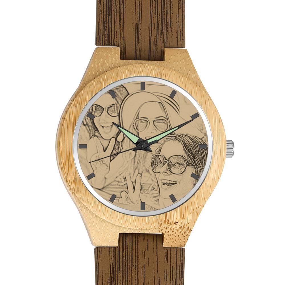 Herrenuhr Mit Fotogravur Aus Bambus, Holzarmband Aus Leder, 45 Mm -