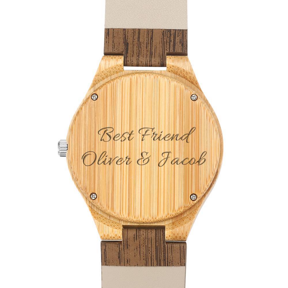Damenuhr Mit Fotogravur Aus Bambus, Holz-lederarmband, 40 Mm -