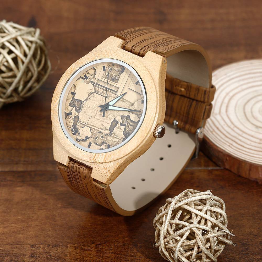 Damenuhr Mit Fotogravur Aus Bambus, Holz-lederarmband, 40 Mm -
