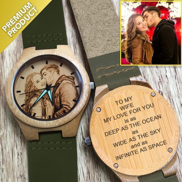 Damenuhr Mit Fotogravur Aus Bambus, Dunkelgrünes Lederarmband, 40 Mm -