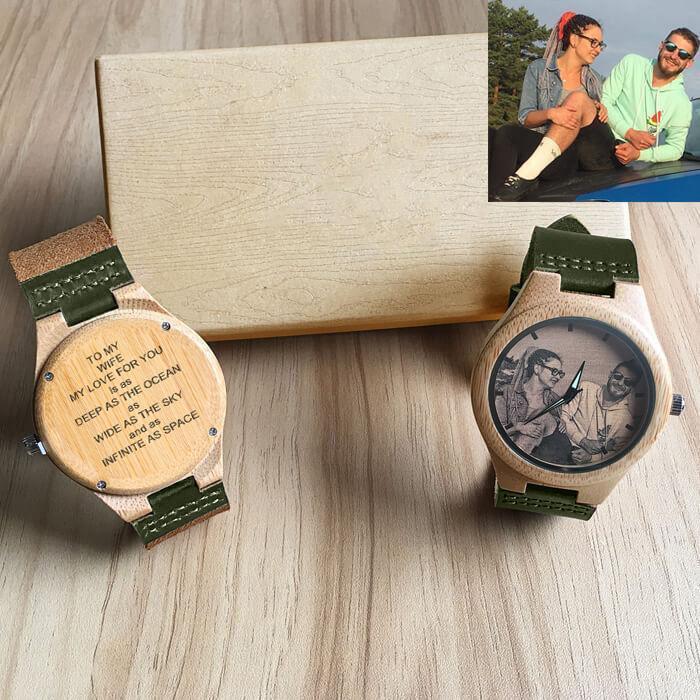 Damenuhr Mit Fotogravur Aus Bambus, Dunkelgrünes Lederarmband, 40 Mm -