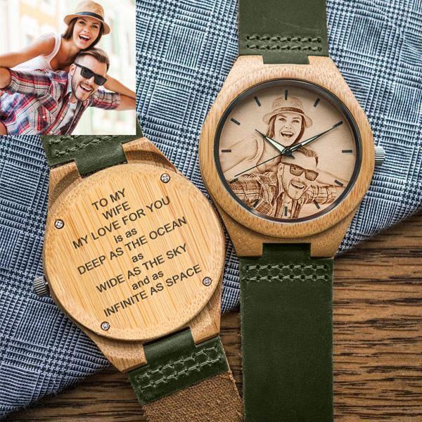 Damenuhr Mit Fotogravur Aus Bambus, Dunkelgrünes Lederarmband, 40 Mm -