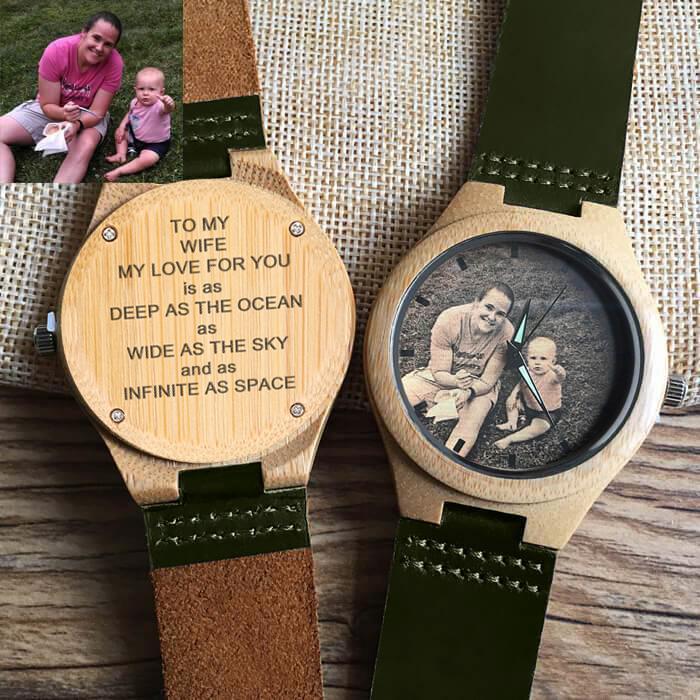 Damenuhr Mit Fotogravur Aus Bambus, Dunkelgrünes Lederarmband, 40 Mm -