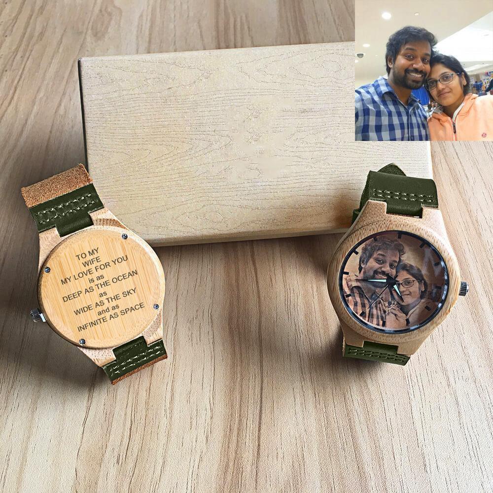 Damenuhr Mit Fotogravur Aus Bambus, Dunkelgrünes Lederarmband, 40 Mm -