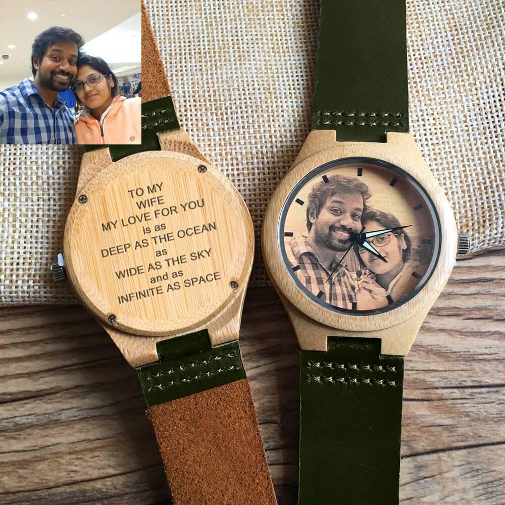 Damenuhr Mit Fotogravur Aus Bambus, Dunkelgrünes Lederarmband, 40 Mm -