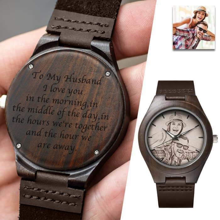 An Meinen Mann – Individuell Gravierte Holz-fotouhr Mit Lederarmband, 45 Mm -
