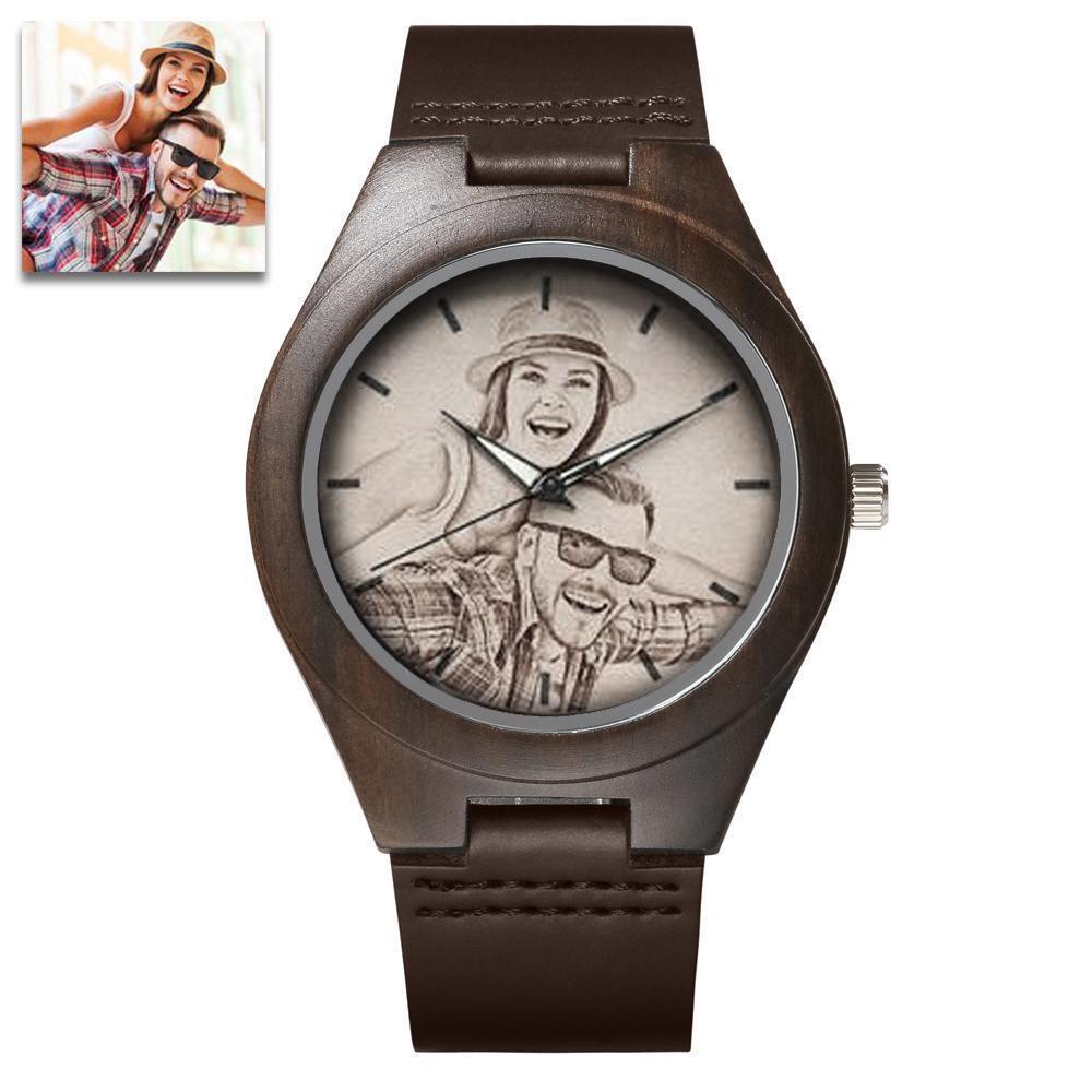 Individuell Gravierte Holz-fotouhr Mit Lederarmband, 45 Mm, Geschenk Für Den Ehemann -