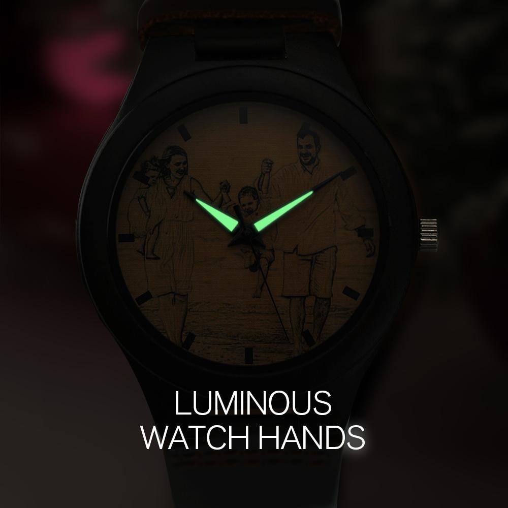 Individuell Gravierte Holz-fotouhr Mit Lederarmband, 45 Mm, Geschenk Für Den Ehemann -