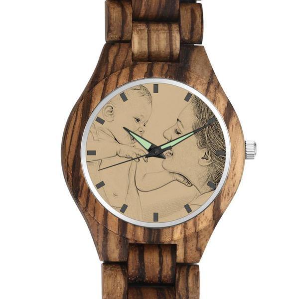 Herrenuhr Aus Holz Mit Fotogravur, Holzarmband, 45 Mm -