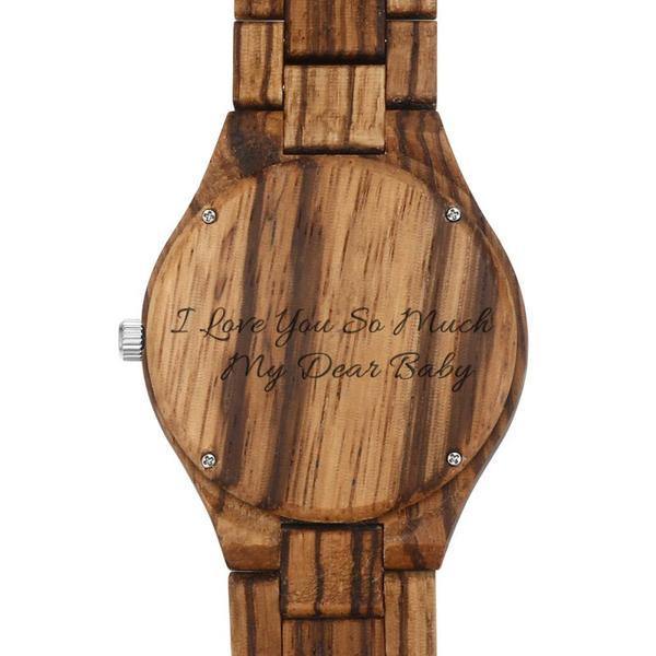 Herrenuhr Aus Holz Mit Fotogravur, Holzarmband, 45 Mm -