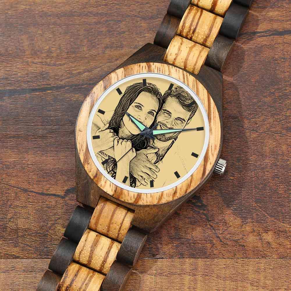 Gravierte Fotouhr Herrenuhr Holzarmband 45mm -
