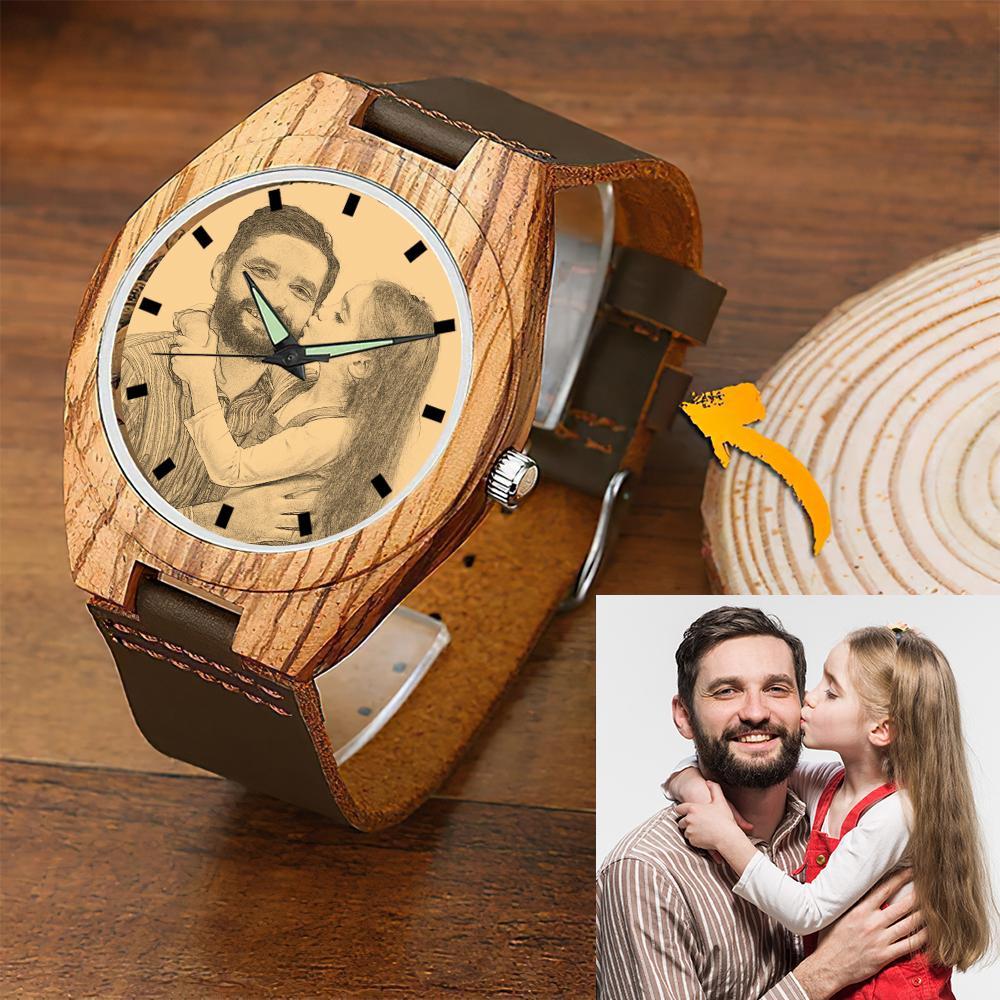 Herrenuhr Aus Holz Mit Fotogravur, Braunes Lederarmband, 45 Mm -
