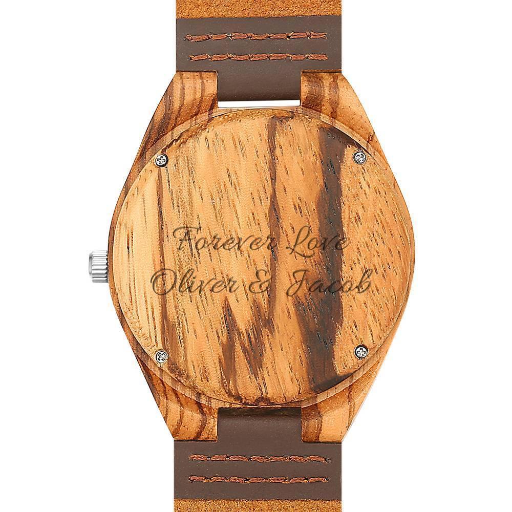 Herrenuhr Aus Holz Mit Fotogravur, Braunes Lederarmband, 45 Mm -