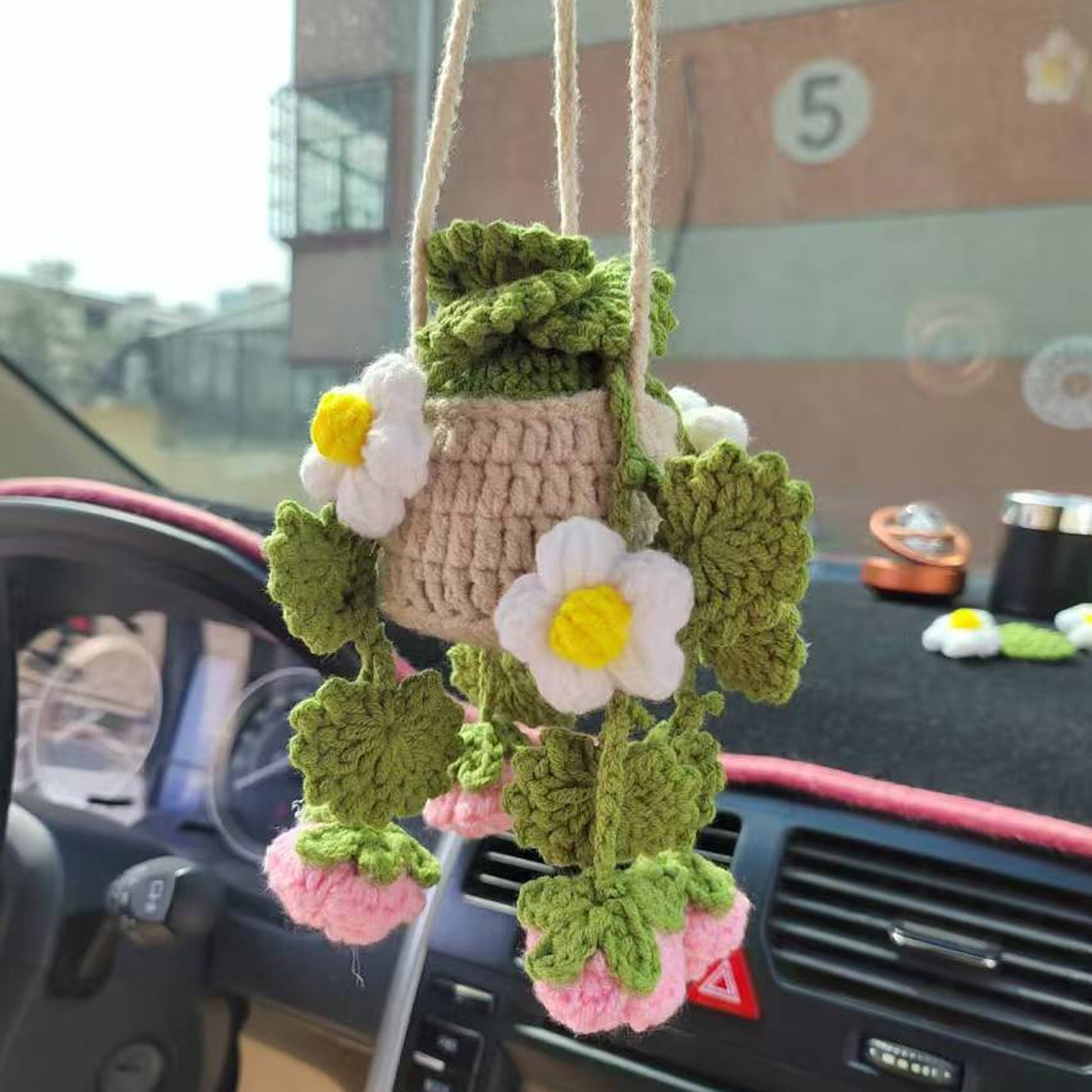 Gehäkelte Perlenkette Pflanzenauto Hängend, Gehäkelte Pflanzenauto Diffusor Hängend, Auto Accessoires Für Frauen, Süßes Auto Dekor, Pflanzenliebhaber Geschenk - 