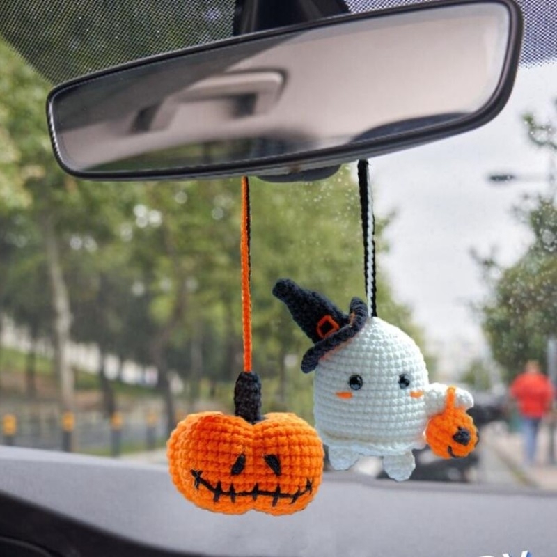 Gehäkelter Fledermaus-autoanhänger: Halloween-rückspiegel-dekoration - 