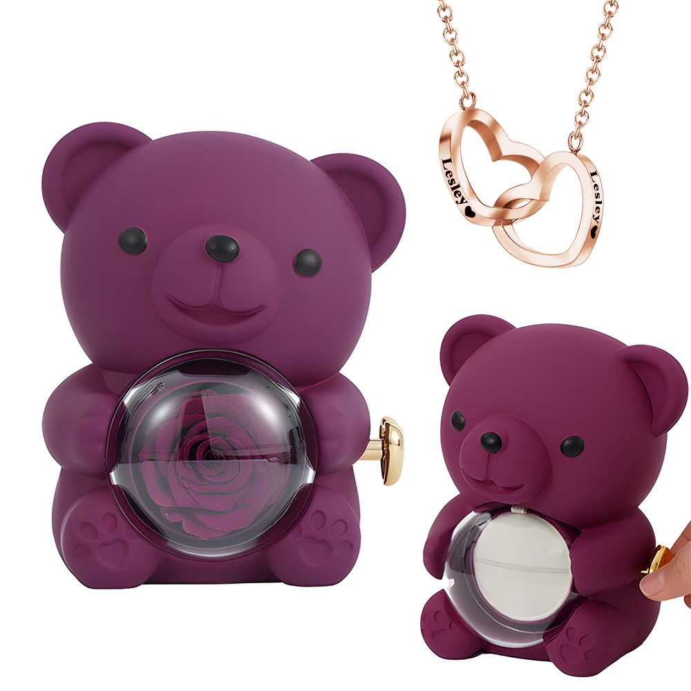 Gravierte Herzkette Mit Echter Rose Und Bären-geschenkbox In Rosenform, Schmuck-geschenkbox - 
