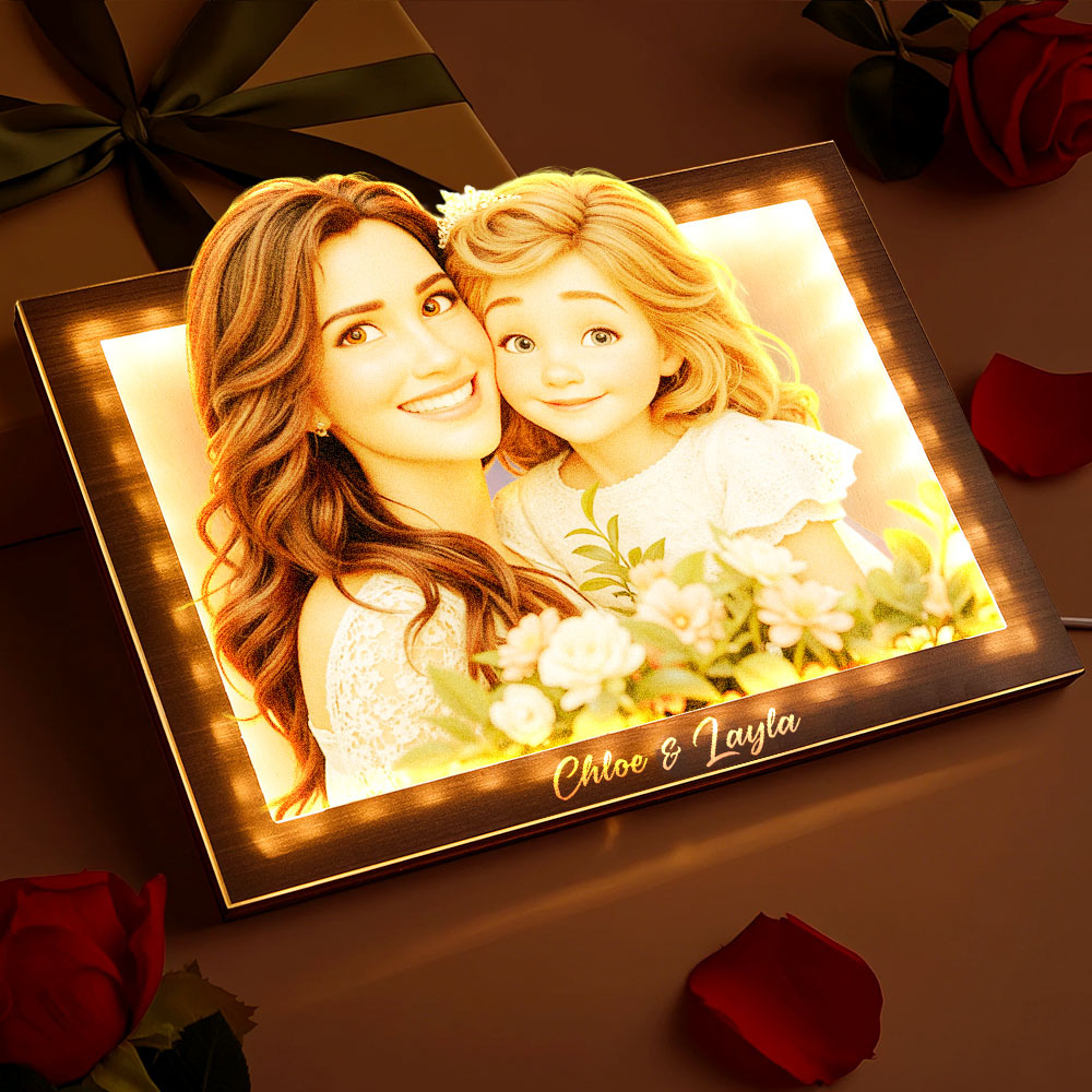 Geschenke Für Mama, Benutzerdefinierte Cartoon-mutter Und Kind Foto Rechteckige Warme Licht Rahmen Lampe - 