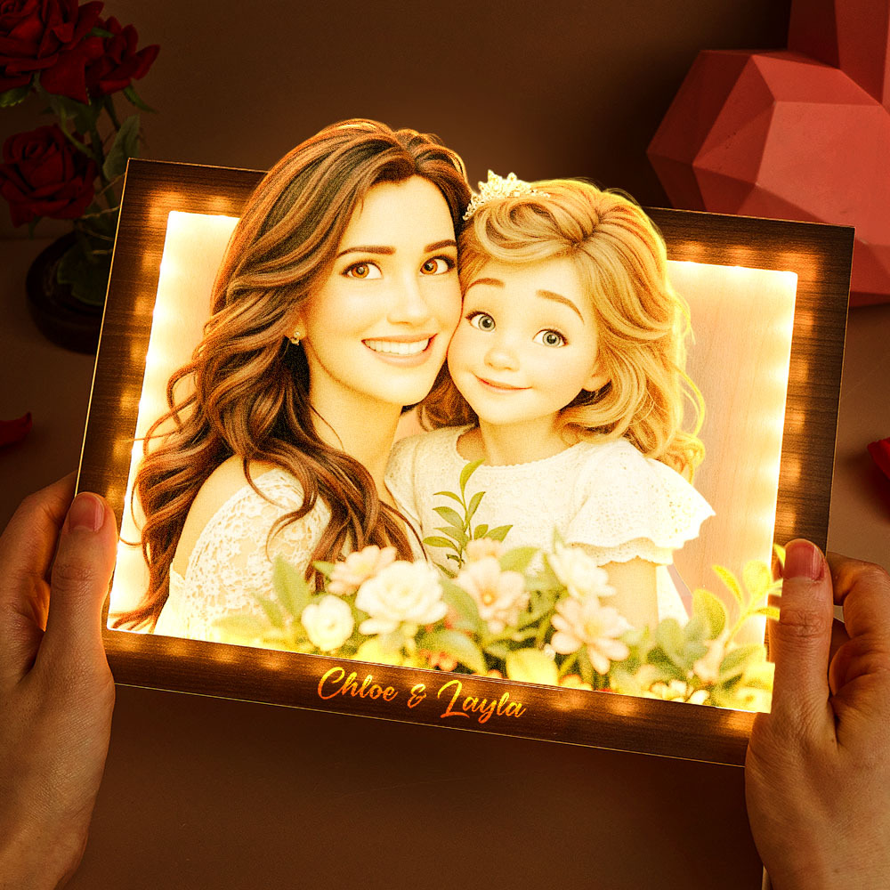 Geschenke Für Mama, Benutzerdefinierte Cartoon-mutter Und Kind Foto Rechteckige Warme Licht Rahmen Lampe - 