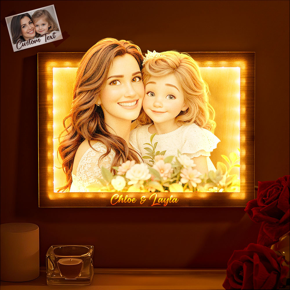 Geschenke Für Mama, Benutzerdefinierte Cartoon-mutter Und Kind Foto Rechteckige Warme Licht Rahmen Lampe - 