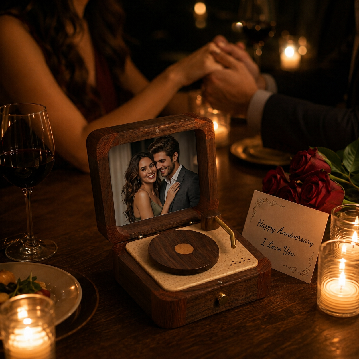 Personalisierte Schallplattenspieler-Spieluhr Aus Holz Mit Foto Und Gravur – Das Perfekte Geschenk Zum Jahrestag Oder Zur Hochzeit Für Paare - 