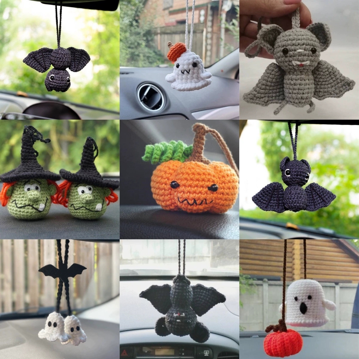Gehäkelter Fledermaus-autoanhänger: Halloween-rückspiegel-dekoration - 