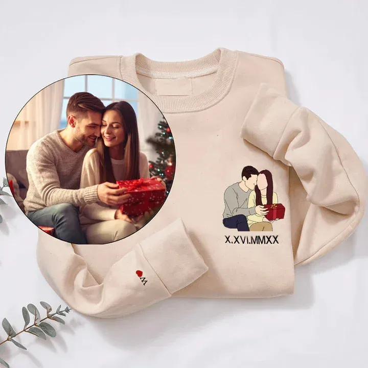 Individuell Besticktes Sweatshirt In Farbe – Porträt Eines Paares/vaters/mama – Familiengeschenk - 