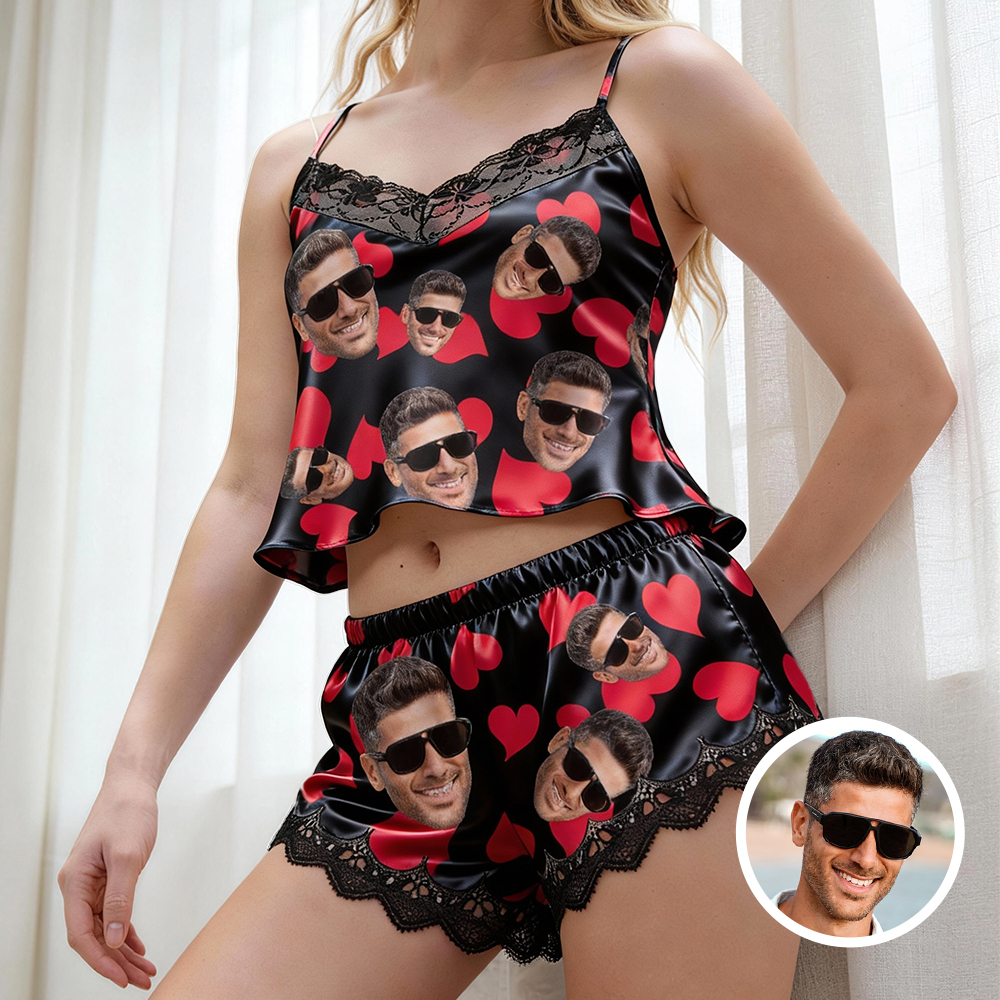 Personalisierter Pyjama Mit Spitzenoberteil Und Shorts, Bedruckt Mit Gesicht Und Namen, Fotopyjama, Valentinstagsgeschenk, Geeignet Für Ehefrau Und Freundin - 