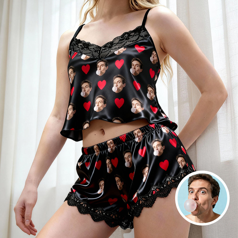 Personalisierter Pyjama Mit Spitzenoberteil Und Shorts, Bedruckt Mit Gesicht Und Namen, Fotopyjama, Valentinstagsgeschenk, Geeignet Für Ehefrau Und Freundin - 