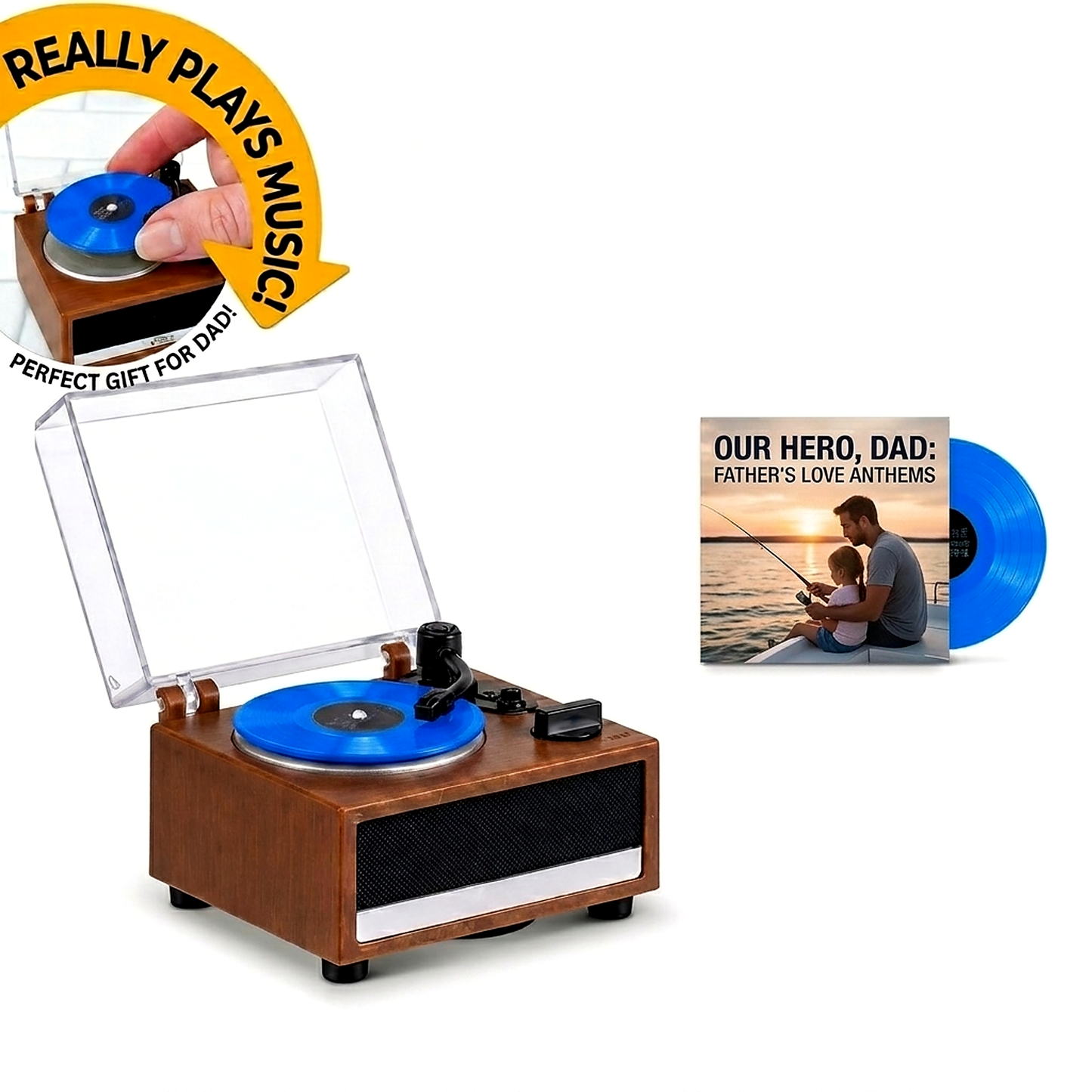 Personalisierter Mini-Vinyl-Musikplayer, der sich wirklich dreht und Musik abspielt | Jedes Vinyl kann ein anderes Lied abspielen, individuelles Fotoalbum-Cover, DIY-Vinyl-Farbgeschenk für Papa zum Vatertag
